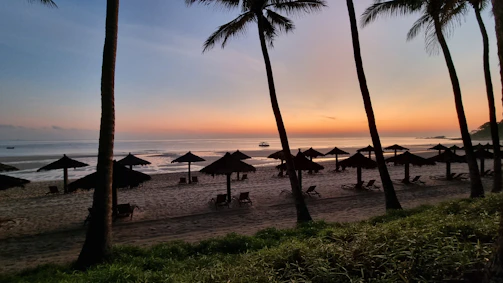 A serene sunset over a tranquil beach with colorful umbrellas and palm trees.