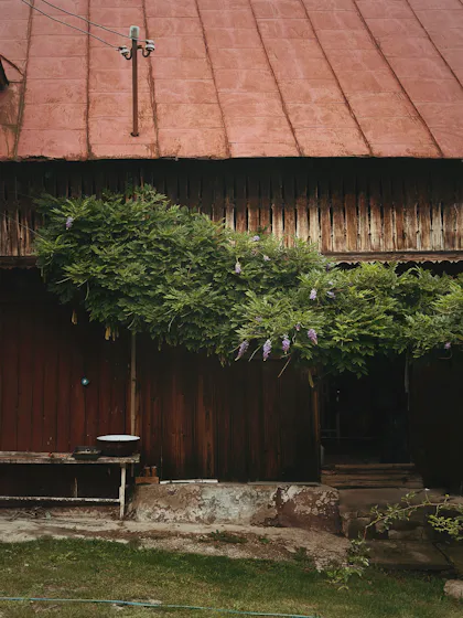 Bench outside a weathered country building