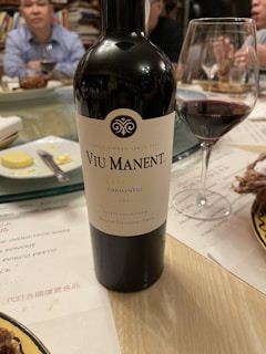 A bottle of Viu Manent Reserva Carménère 2021 is placed on a wooden table. Beside the bottle, there is a glass of red wine. In the background, several people are sitting at a table engaged in conversation. The setting appears to be a dining environment with wine and food.