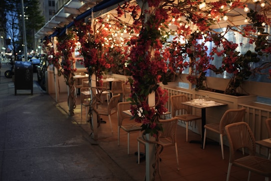 A cozy outdoor caf&eacute; adorned with vibrant flowers and string lights. Wooden chairs and tables are arranged neatly under a pergola, creating a warm and inviting ambiance. The atmosphere suggests a quiet, intimate dining experience on a city street during the evening.