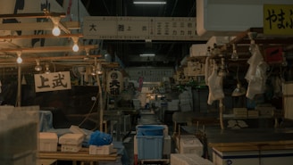 A dimly lit indoor market scene with various stalls and hanging signs featuring Japanese characters. The path is lined with empty counters and white storage boxes. Warm, exposed light bulbs dangle from the ceiling, creating a cozy, yet slightly eerie atmosphere.