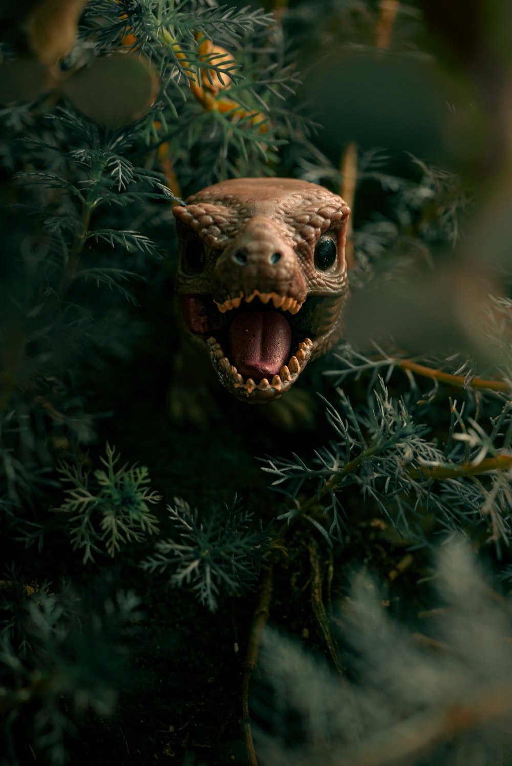 a fake lizard head hanging from a tree