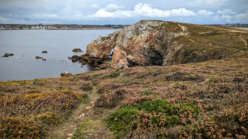 a large body of water surrounded by a lush green hillside