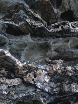 The image displays a close-up view of rough and textured rock formations with uneven surfaces. The rocks display layers of varied colors including grays, browns, and whites, suggesting mineral deposits.