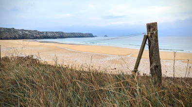 a wooden fence on a beach with a body of water in the background