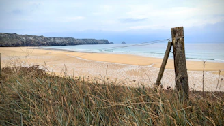 a wooden fence on a beach with a body of water in the background