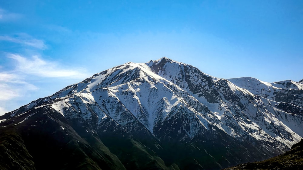 a snow covered mountain with a blue sky in the background