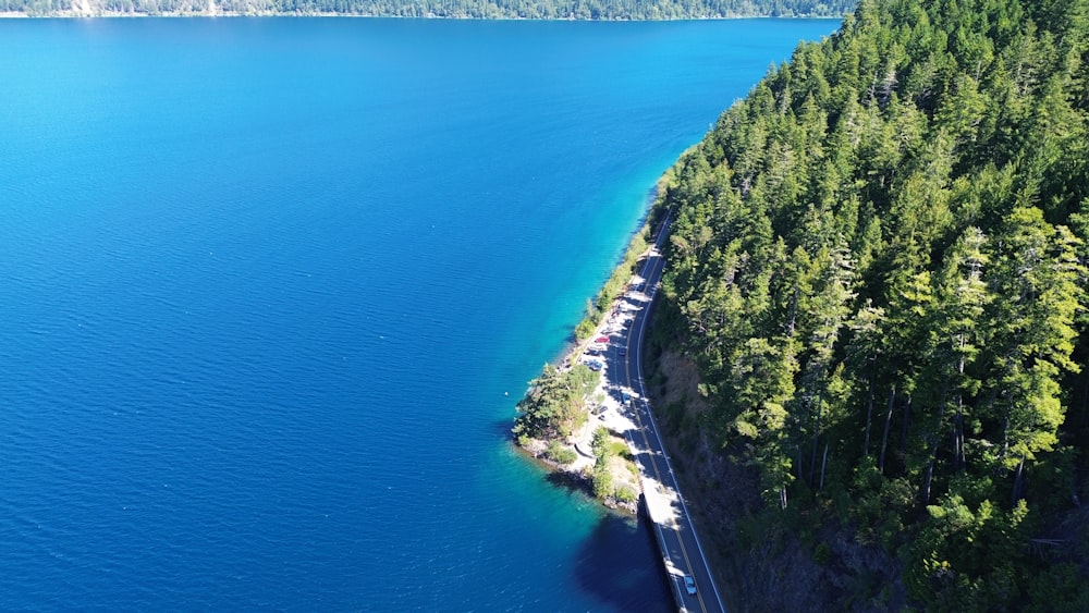 an aerial view of a large body of water