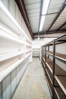a long row of shelves in a warehouse
