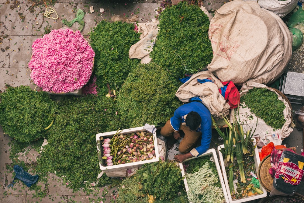 Un hombre está trabajando en un mercado de verduras