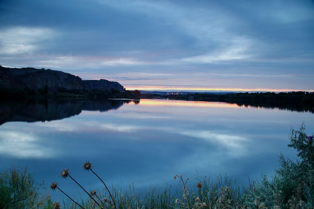 a body of water surrounded by a lush green hillside