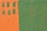 A textured wall is painted in two contrasting colors: a vibrant orange on the left and a muted green on the right. The orange section includes six oval green paint marks arranged in two vertical columns.