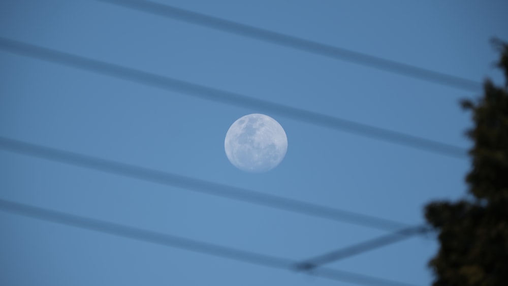 a full moon is seen through power lines