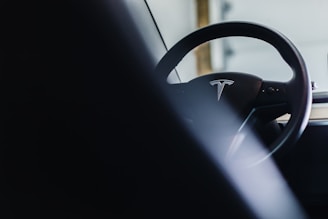 A close-up view of a car's steering wheel with a logo in the center. The image composition includes blurred elements and a soft focus, enhancing the minimalist aesthetic. The interior design is modern and sleek.