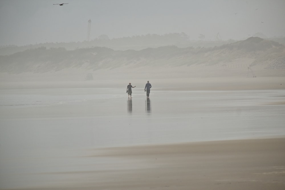 a couple of people walking across a wet beach