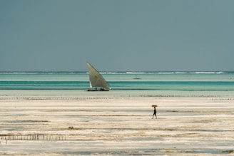 A turquoise ocean view with a traditional dhow boat sailing near the shore.