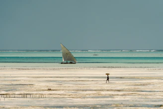 Traditional dhow sailing on turquoise waters near Zanzibar coast.