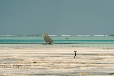 Traditional dhow sailing on turquoise waters near Zanzibar coast.