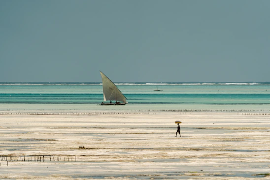 A serene seaside scene with a dhow sailboat gliding across turquoise waters. In the foreground, a person walks along a sandy shore carrying an item on their head. The scene is quiet and expansive, with gentle waves and a distant horizon.