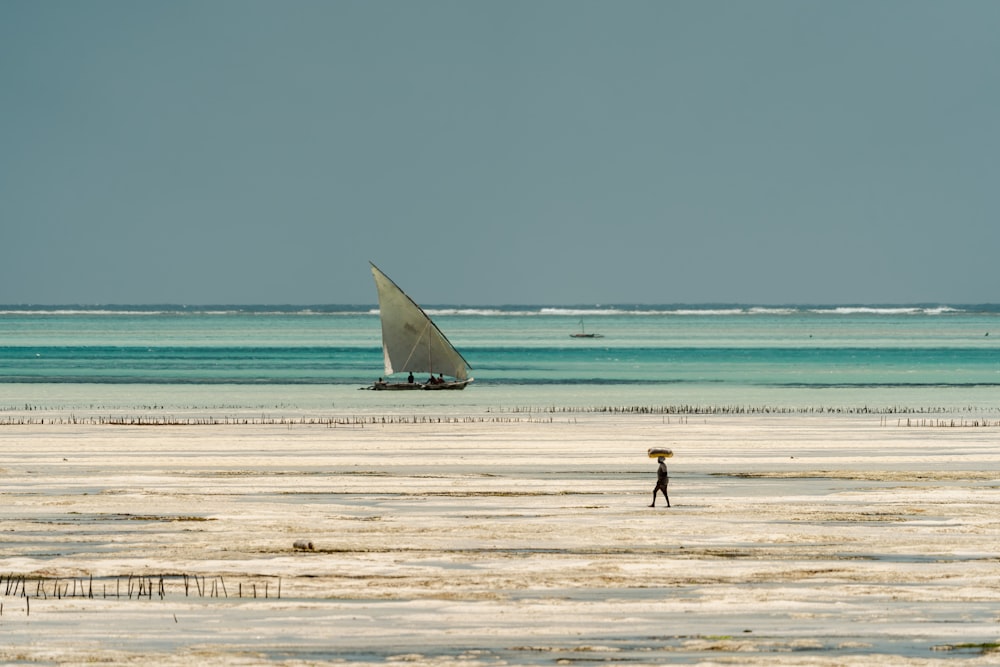 a person standing on a beach with a sailboat in the background