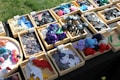 Various colorful 3D-printed creatures and objects are arranged in wooden trays on a table. The objects include dinosaurs, insects, and other shapes made from plastic. The scene is set outdoors with sunlight casting shadows, and each tray has a price label.