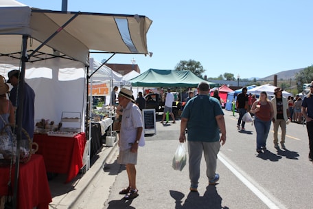 A bustling outdoor market scene with colorful vendor tents and families enjoying fresh local food.