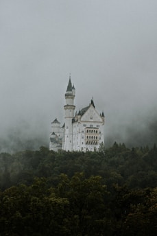A grand, fairytale-like castle stands majestically atop a forested hill. Its towers and spires pierce through the mist and clouds that cover the scene, creating a mystical atmosphere.