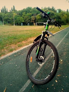A bicycle is parked on a paved track in a park-like setting. The background shows a grassy field with a soccer goal and dense green trees under a clear sky.