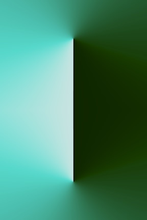 A vertical line divides the image into two contrasting halves with a gradient effect. The left half displays shades of light teal, while the right half features darker green tones. The gradients blend softly towards the vertical line, creating a sense of depth and symmetry.