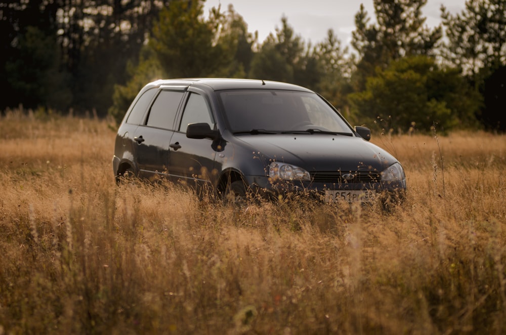 a van is parked in a field of tall grass
