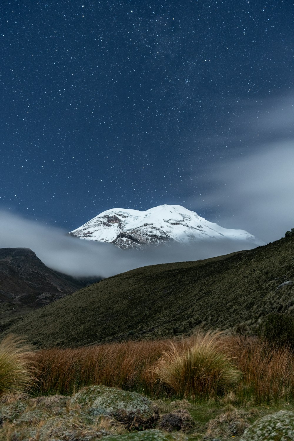 uma montanha coberta de neve sob um céu noturno