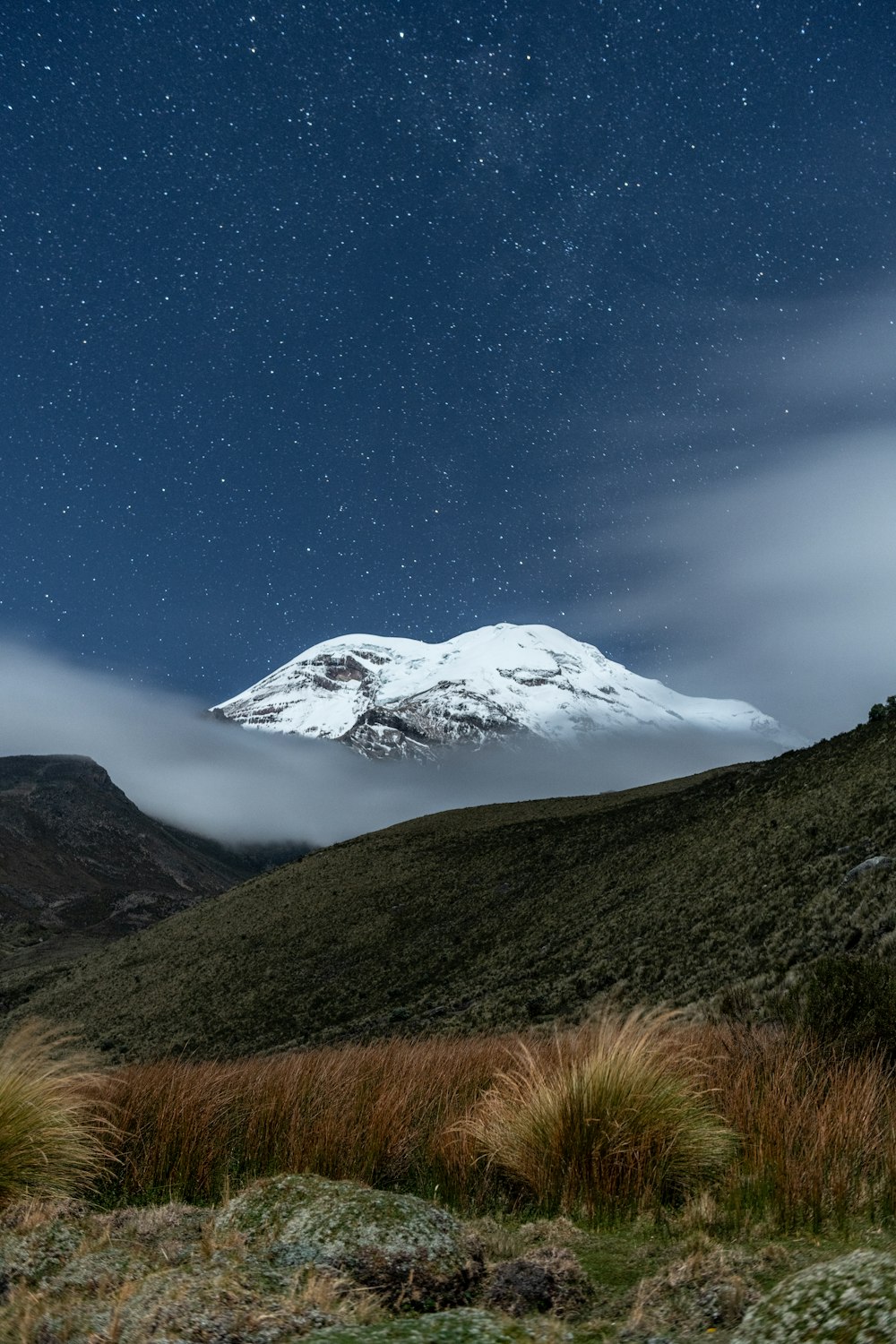 Une montagne enneigée sous un ciel nocturne