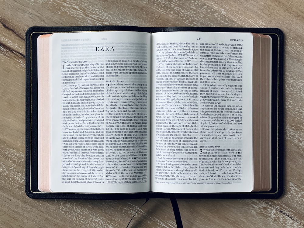 an open book sitting on top of a wooden table