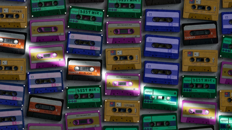 Various cassette tapes in different colors are scattered, showcasing vibrant designs and labels. The tapes are arranged in an overlapping pattern, creating a retro and nostalgic feel.