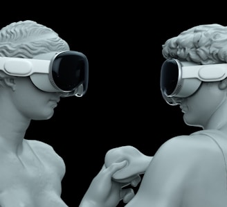 a couple of statues wearing virtual glasses