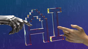 robot and human hands reaching toward ai text