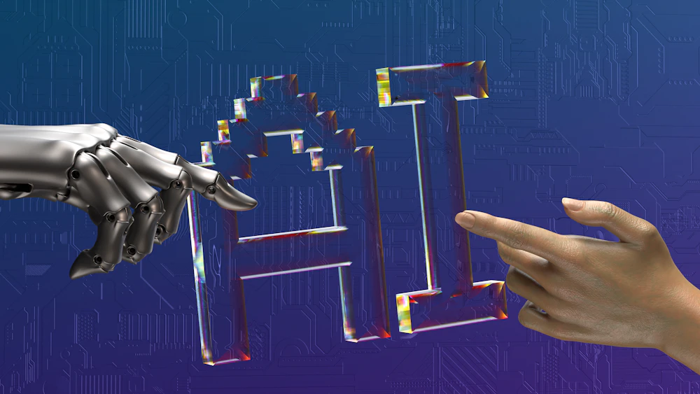 Human and AI hands reaching toward each other, representing the AI assistant