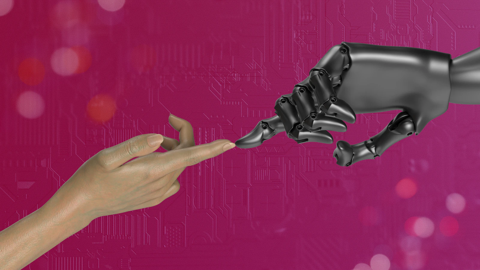 Duas mãos quase se tocando sobre fundo rosa, simbolizando o encontro entre pessoas e inteligência artificial