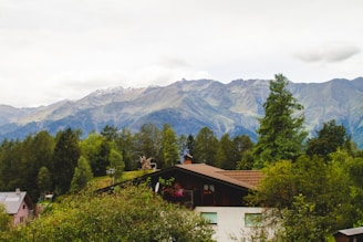 A wooden house with a tiled roof is surrounded by lush greenery, with tall trees and shrubs in the foreground. In the background, a range of majestic mountains stretches across the horizon, partially covered by clouds.