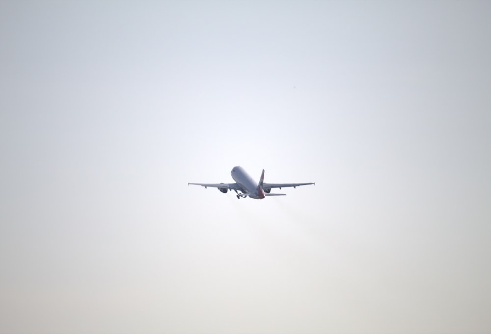 a large jetliner flying through a gray sky