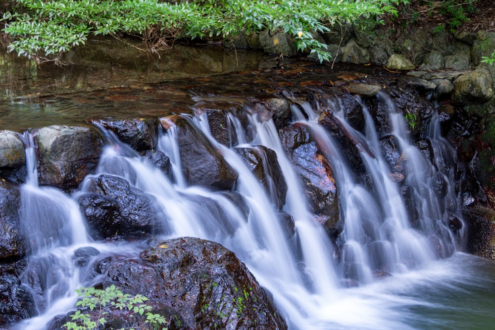 a small waterfall in the middle of a forest