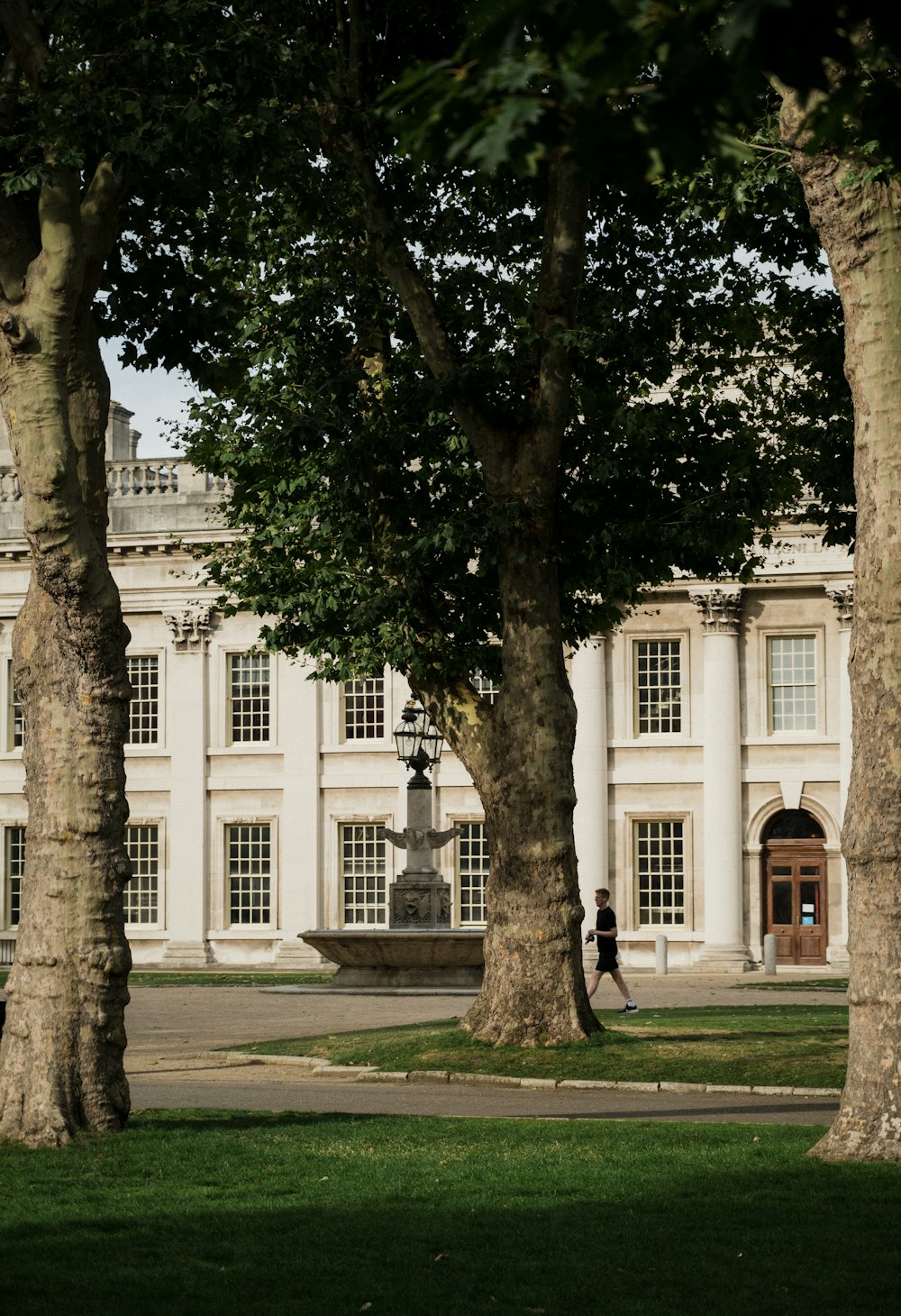 a large white building with trees in front of it