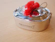A sleek stainless steel lunch box with compartments, shown open with fresh food inside.