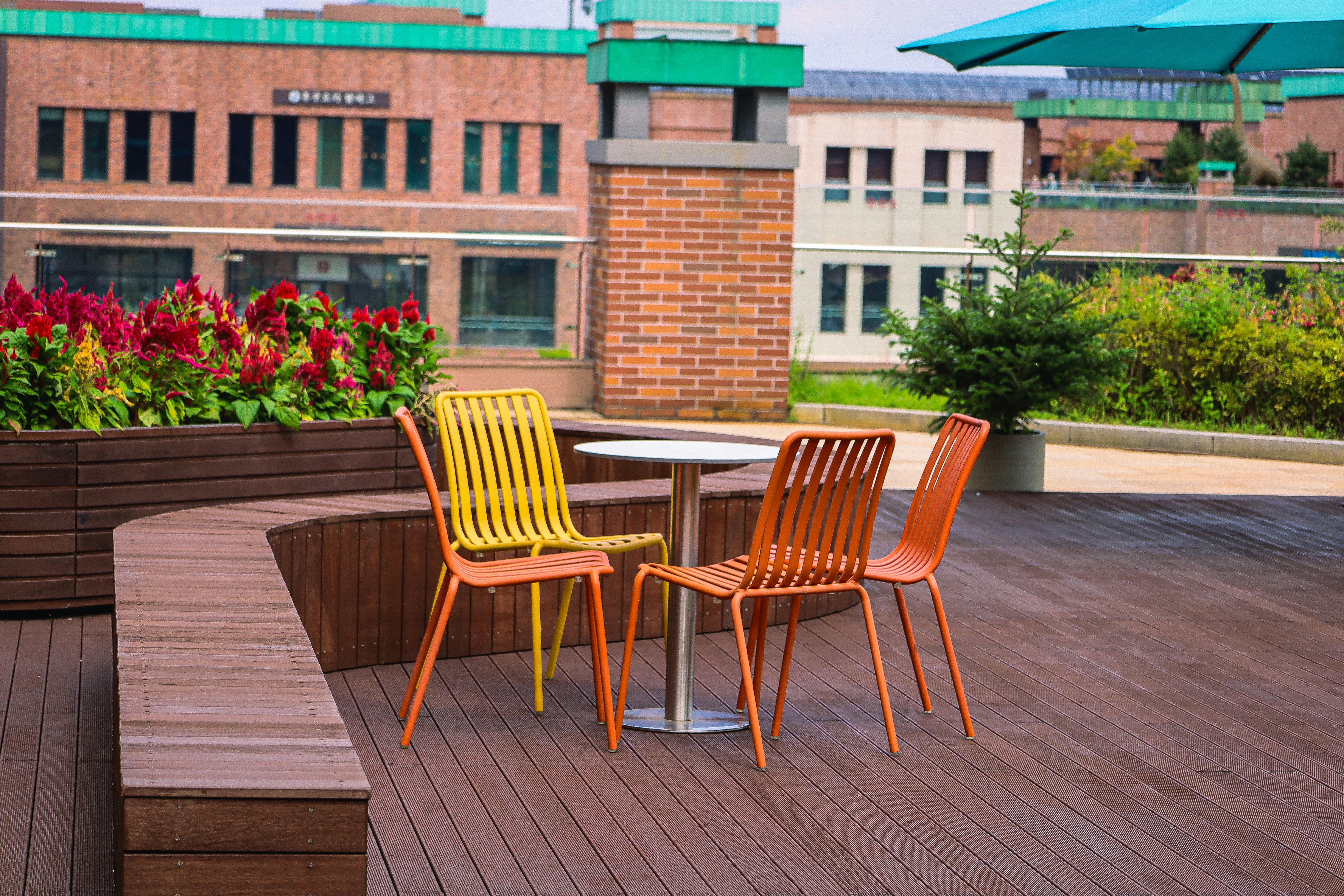 A communal rooftop terrace with comfortable seating, lush greenery, and city views - apartments building
