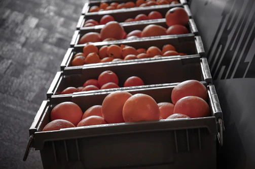 A farmer inspecting a well-organized chain of tropical fruit crates.