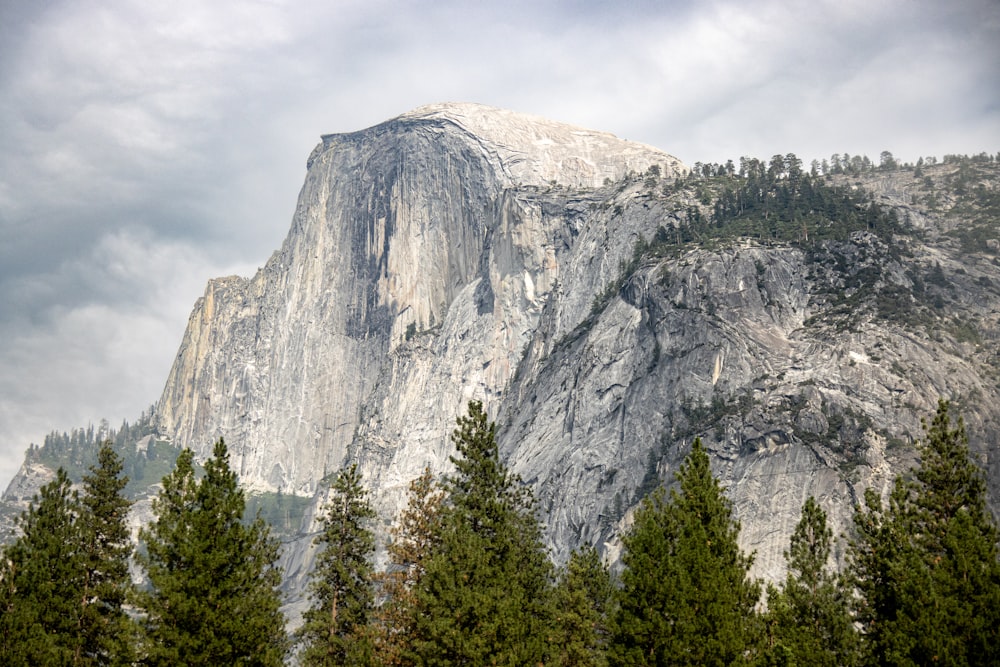 a very tall mountain surrounded by trees under a cloudy sky