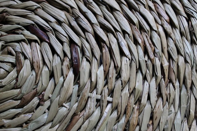 A close-up of a tightly woven pattern made from interlaced natural fibers, showcasing textures and shades of light brown and tan.