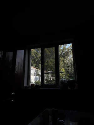 Elegant dining area featuring warm-toned roman shades partially raised to reveal a garden view.
