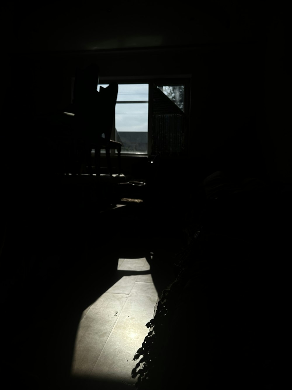 a person standing in a dark room with a window