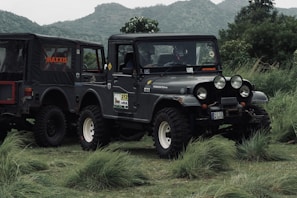 A rugged off-road vehicle parked on lush green grass with hills in the background. The vehicle has a military-style design with multiple round headlights, large tires, and visible branding on its side and back panel.